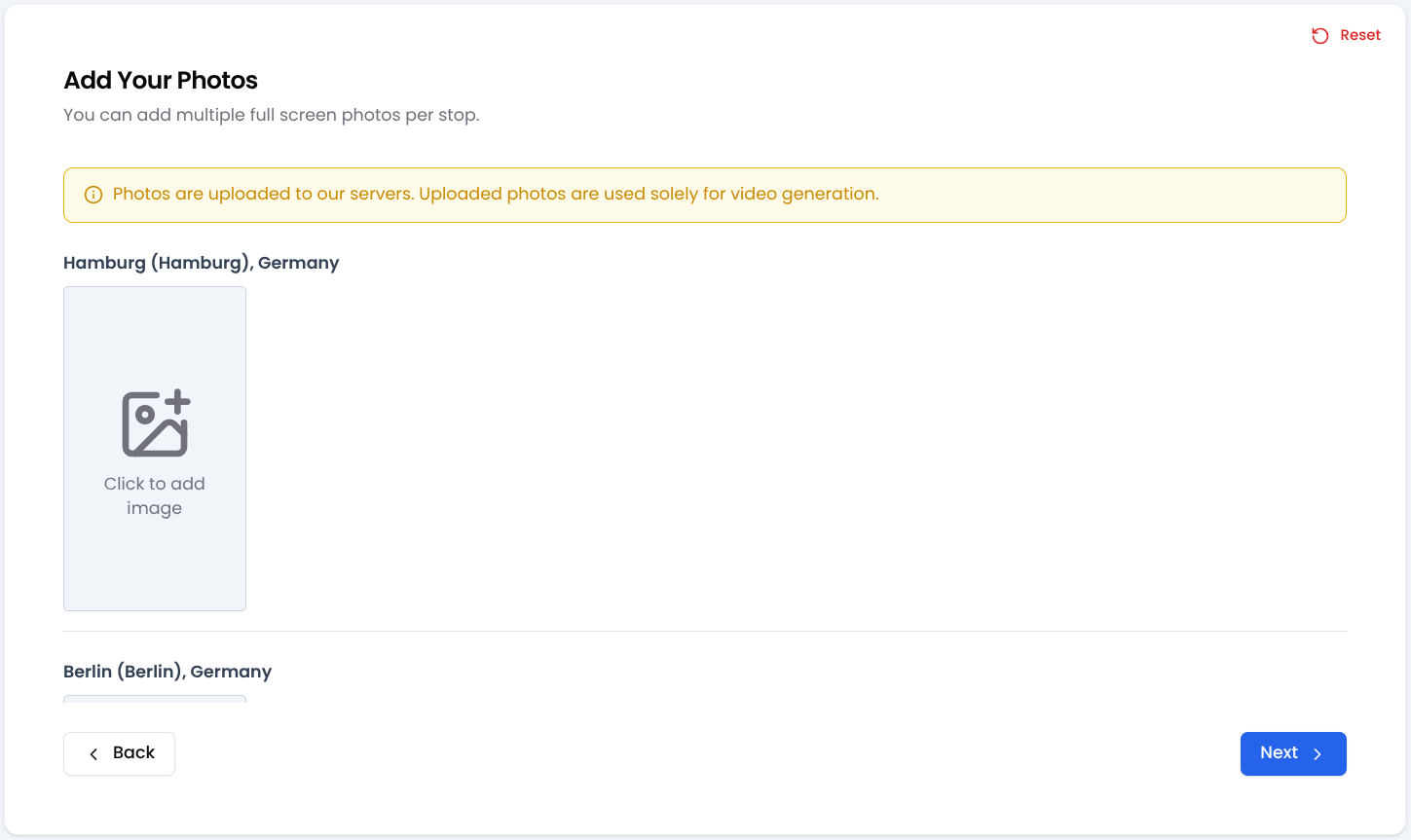 Photo upload interface for travel animation stops