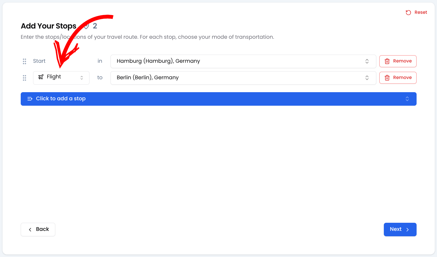 Screenshot showing how to select travel mode in anim8map